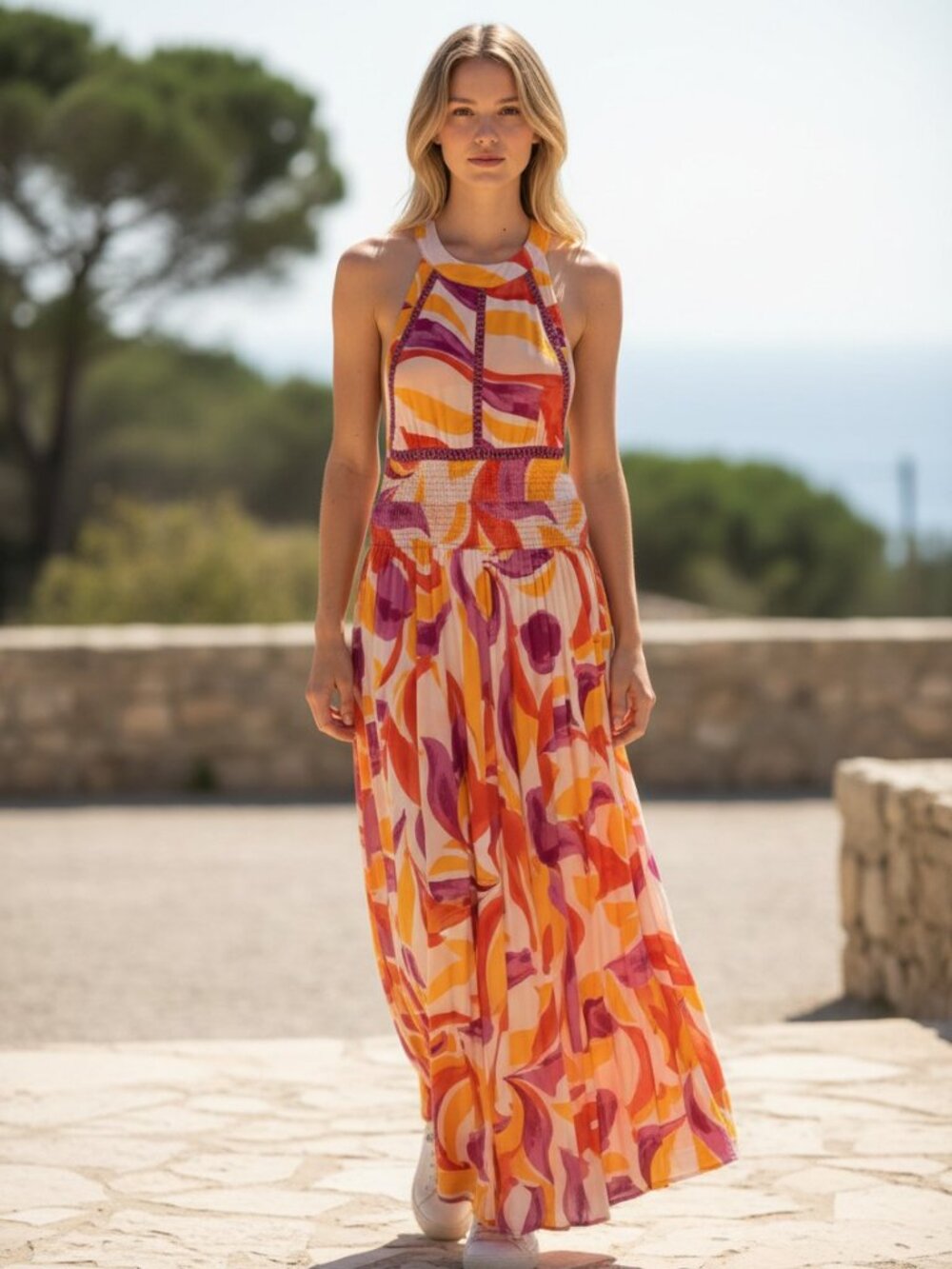Colorful Swirl Tropical Halter Maxi Dress in Pink, Orange & Yellow, Medium